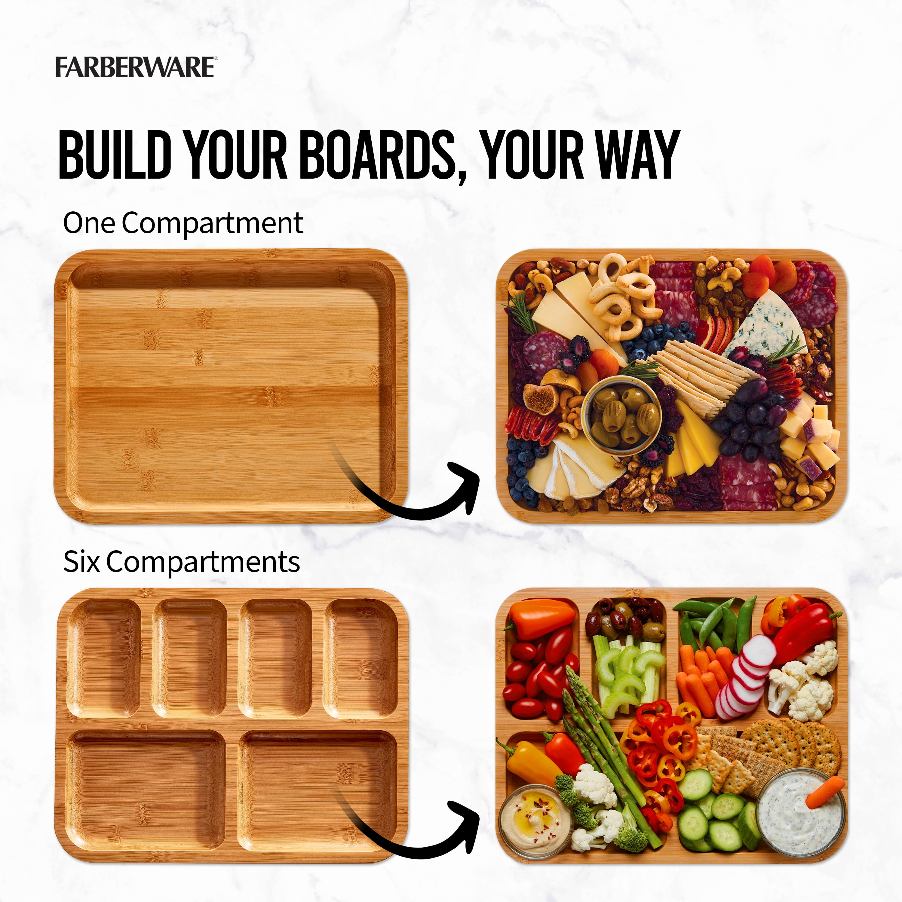 Farberware Build-a-Board 11x14-Inch 2-Piece Bamboo Charcuterie and Snack Board Set with Clear Locking Lids