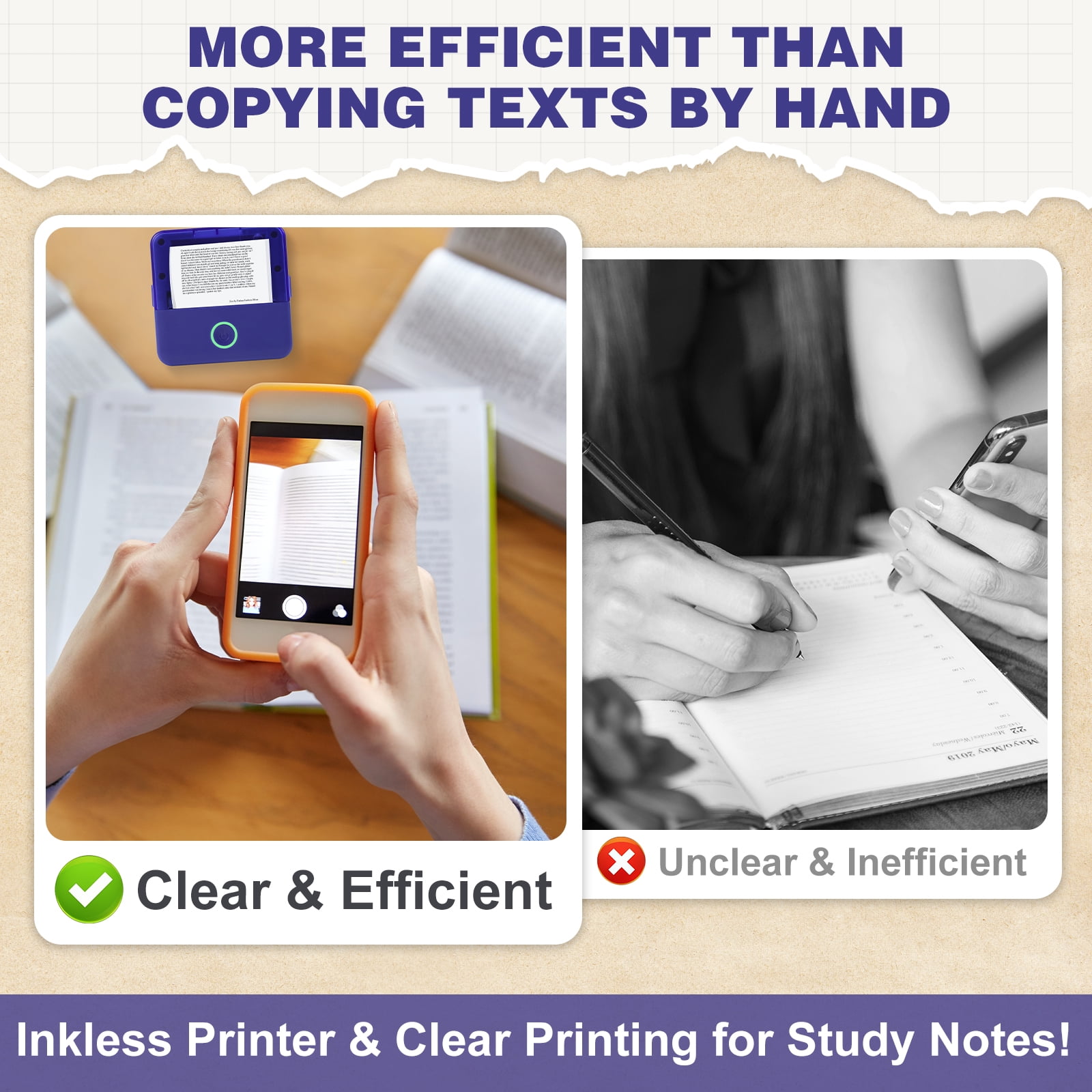SLOK Print Pods Mini Printer with 10 Rolls Printing Paper, Thermal Inkless Sticker Maker for Notes and DIY, Compatible with iOS & Android, Purple