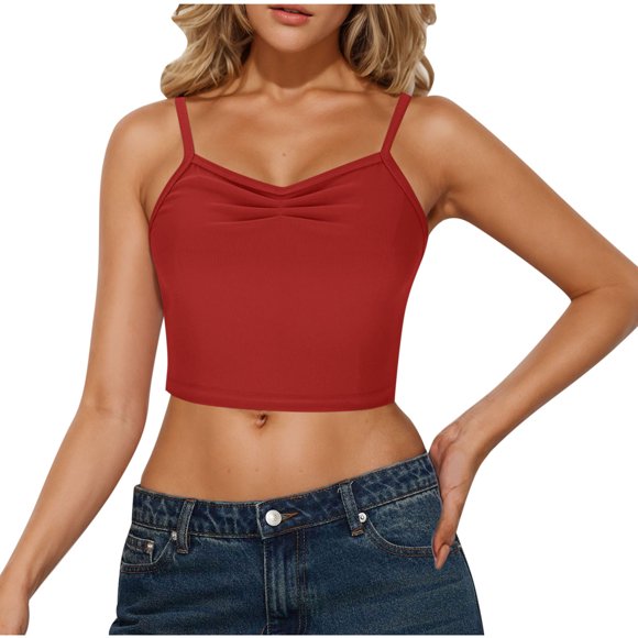 Lenpel Crop Tops for Women Trendy Spaghetti Strap Pleated Front Slim Cropped Sleeveless Shirts Going out Camisole Tops