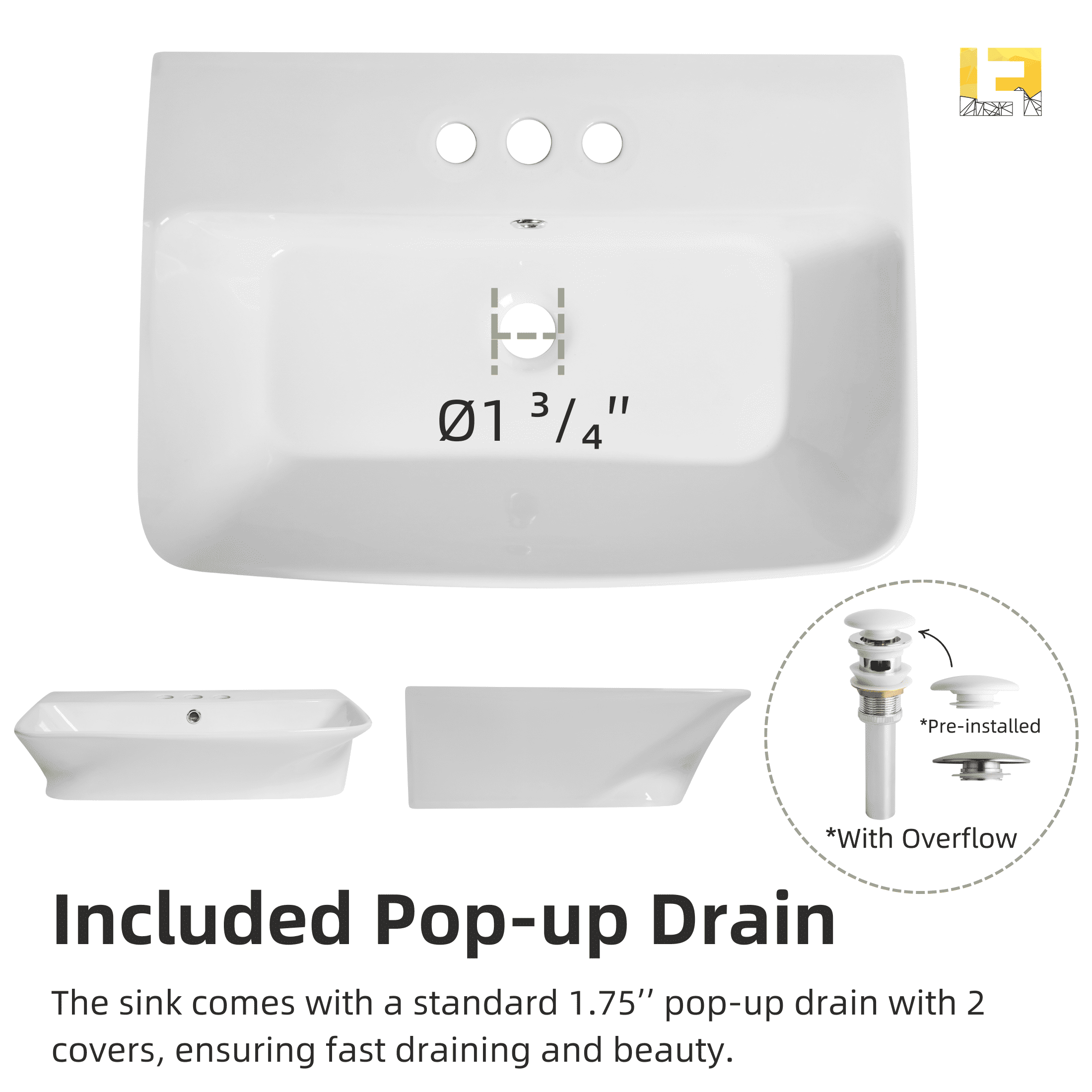 Los Flexi 24" x 17" White Ceramic Wall-Mount Bathroom Sink with Rear Overflow, 3 Pre-Drilled Holes, Widespread Faucet Compatible for Small Spaces