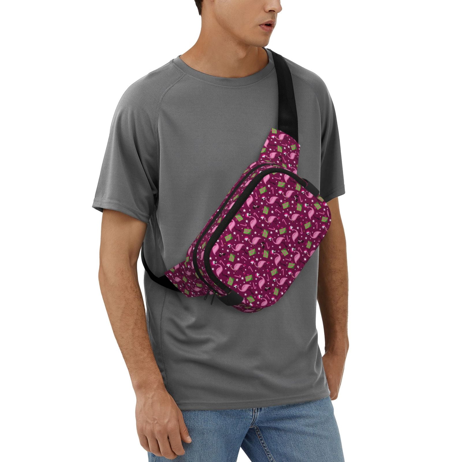 Picia Festive Flamingos Print Square Double-Layer Waist Bag Mini Adjustable Waist Belt Bag Exercise Running Travel Hiking