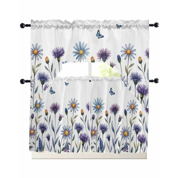 Purple Blue Flowers Kitchen Curtains Sets 36 Inch Length with Valance, Country Botanical Floral Butterfly Swag Valances and Tiers Curtain Set Drapes Swag Curtains for Living Room, Bathroom, Bedroom