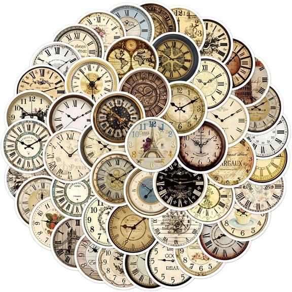 CCOCC 55Pcs Vintage Clock Stickers Aesthetic Retro Clocks Watches Map Vinyl Decals for Kids Teens Adults,Travel World Sticker for Laptop Diy Luggage Water Phone Guitar Computer Guitar (Clock)
