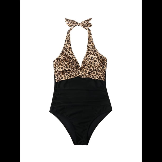 Trajes de Baño de una Pieza con Control de Abdomen para Mujer, Trajes de Baño Push Up con Cuello Halter Negro y Leopardo S