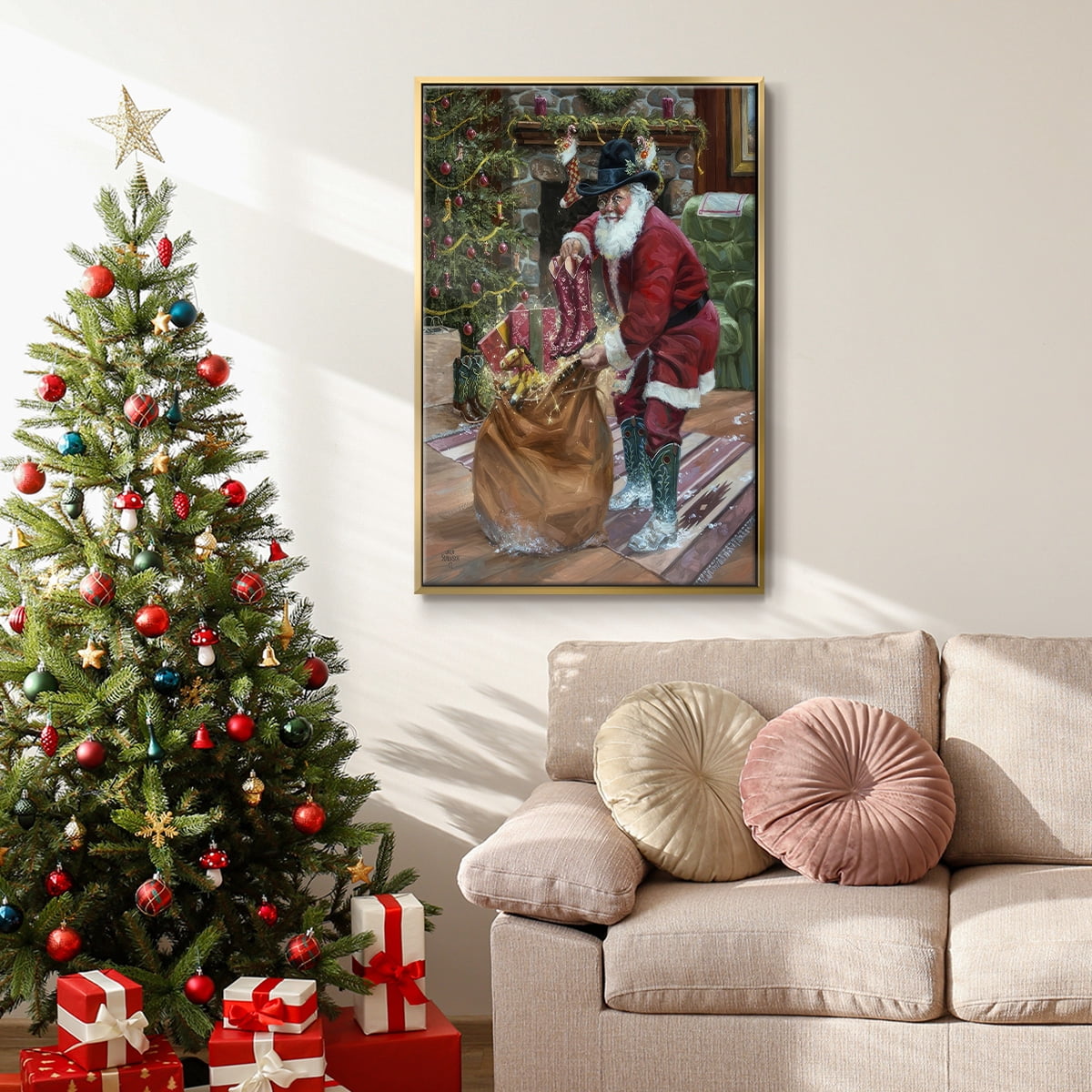 New Boots for Christmas - Framed Gallery Wrapped Holiday Canvas - 25 x 37 - Gold Frame