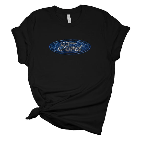 Womens Ford Tshirt Ford Motor Company Rhinestone Oval Logo Short Sleeve T-shirt-Black-small