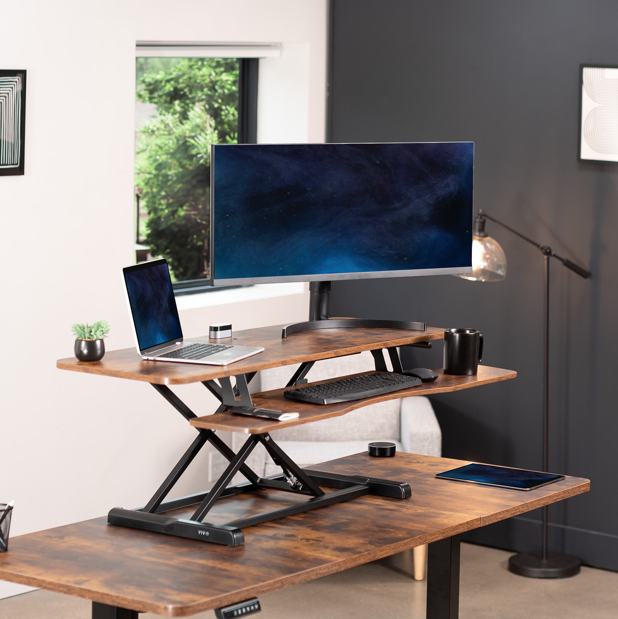 VIVO Vintage Brown / Black Height Adjustable 48" Standing Desk Monitor Riser