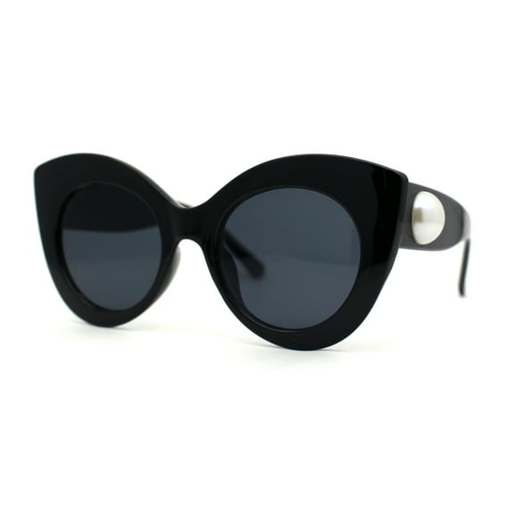 Womens Thick Plastic Large Pearl Jewel Trim Cat Eye Sunglasses All Black