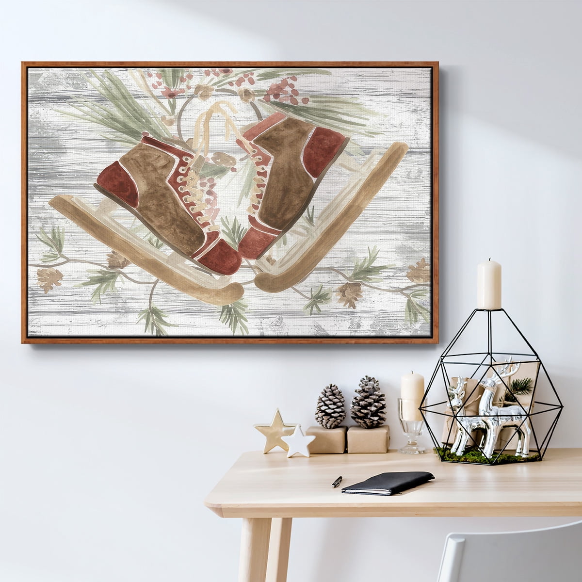 Pinecone Lodge Collection A - Framed Gallery Wrapped Holiday Canvas - 17 x 25 - Rosewood Frame