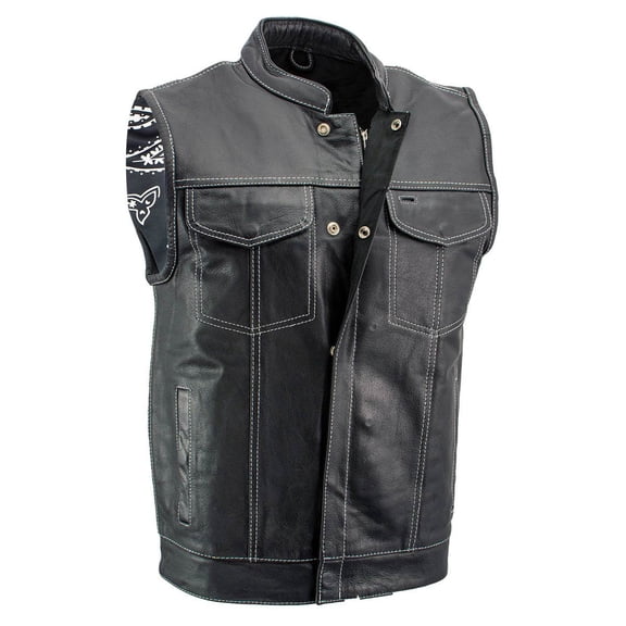 Milwaukee Leather LKM3781 Men's Black Premium Leather Motorcycle Biker Rider Vest w/ White Stitching and Paisley Liner 2X-Large