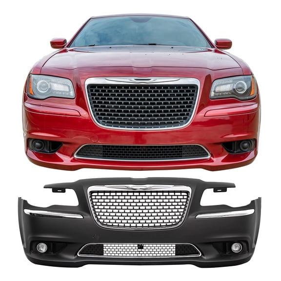 Ikon Motorsports Front Bumper Conversion Fits 2011-2014 Chrysler 300, SRT8 Style Unpainted Black PP Replacement Bumper Cover w/ Chrome&Gloss Black Upper Lower Grille