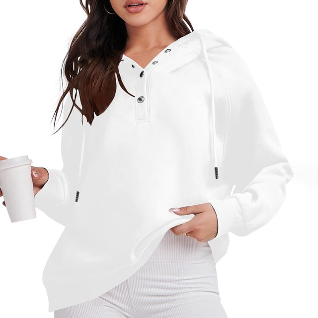 ICHUANYI Clearance Women's Casual Color Long Sleeve Zipper Pullover Hooded Tops With Pocket(White, L) ICHUANYI WER2023081506393