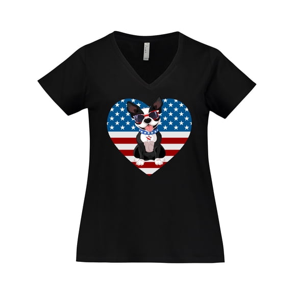 Inktastic Boston Terrier Dog US Flag July 4th Women's Plus Size V-Neck T-Shirt