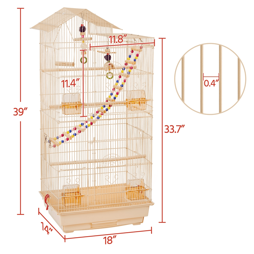 Alden Design 39"H Metal Large Roof Top Parrot Cage with Perches and Toys, Almond
