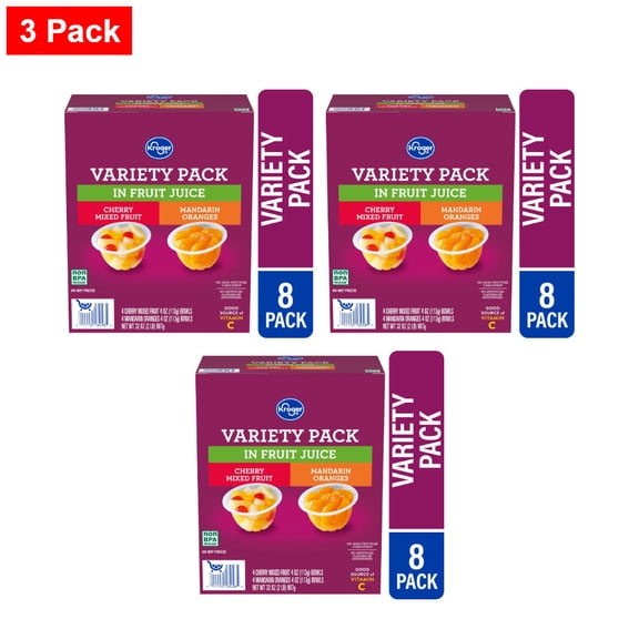 Kroger Fruit Cups Two Flavor Variety Pack 8 CT / 4 oz - 3 Pack