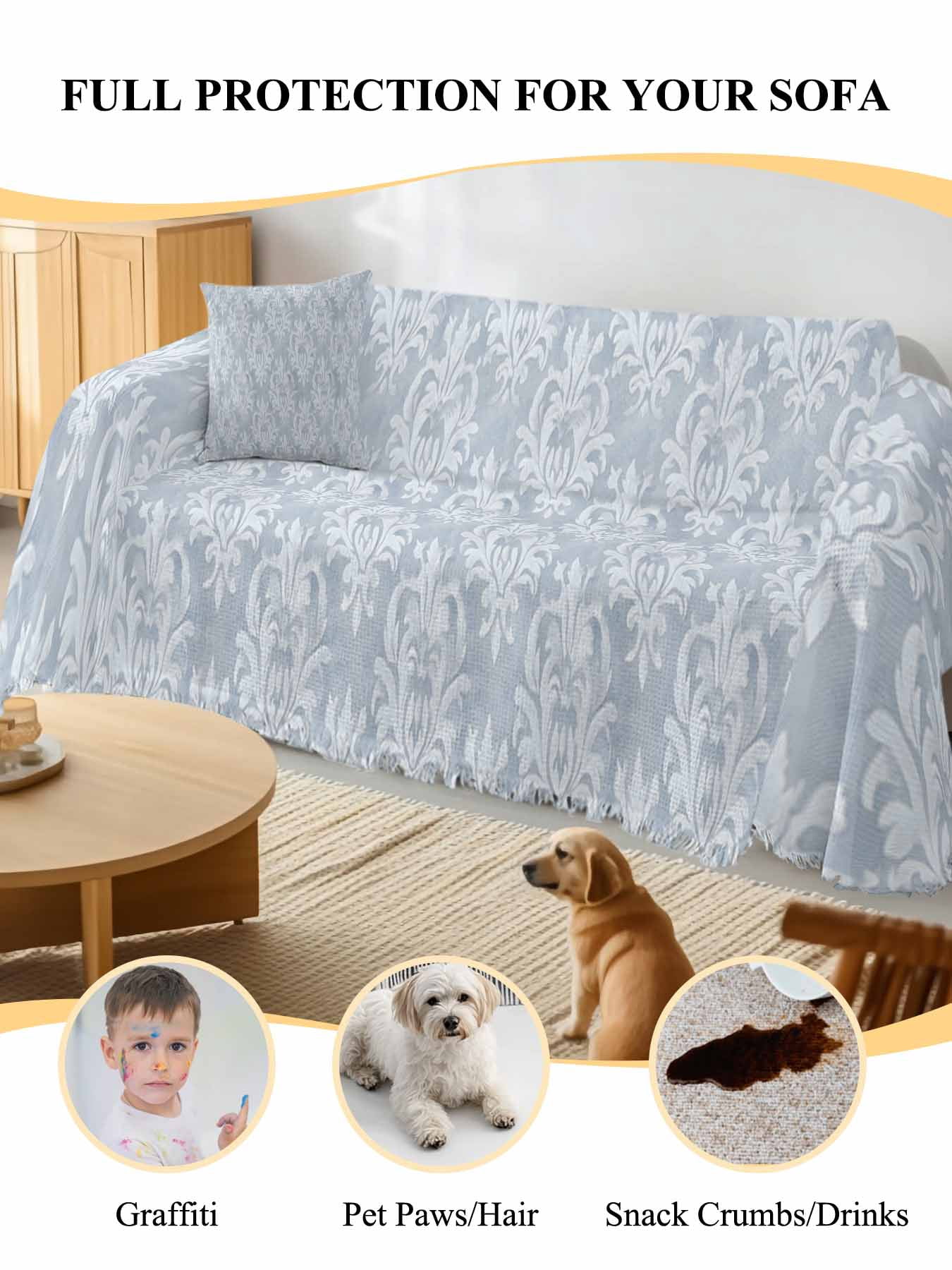Haze Blue Boho Couch Cover, Neutral Middle Century Turkish Pattern Sofa Cover Blanket for 1 Seat Cushion,Sectional Sofa Slipcover Furniture Protector for Living Room Bedroom 71''x91''