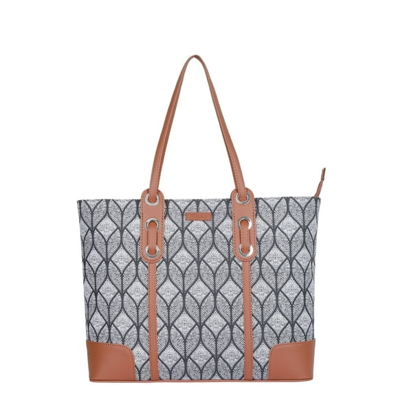 Sishka Monochrome Hand Crafted Printed Fabric Tote Bag – Vegan Leather Trimmed Satchel for Ladies’ Work, Travel & Everyday Style