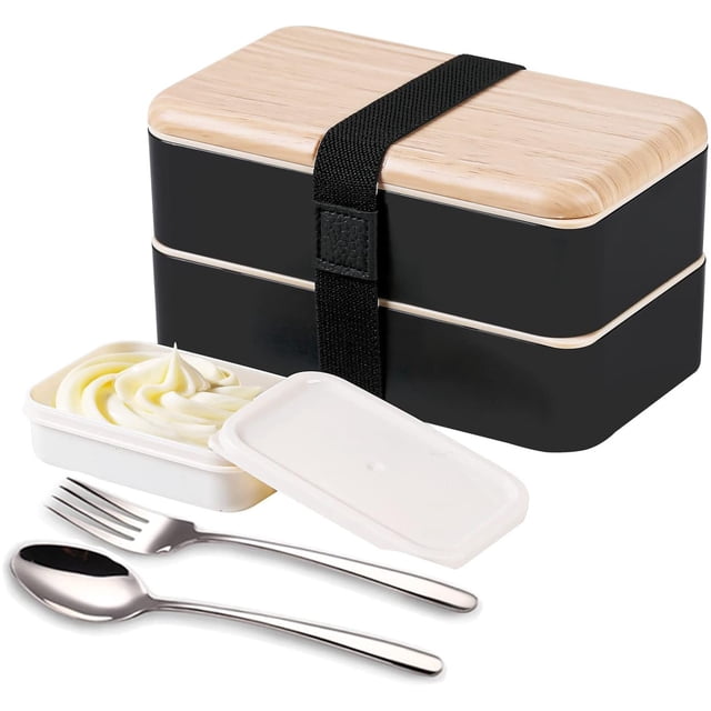 Fiambrera bento Box Original Lunch Box Lunchbox Caja de Almuerzo contenedor Bundle Divider Estilo japonés a Prueba de Fugas con Acero Inoxidable Utensilios Cuchara y Tenedor(negro)
