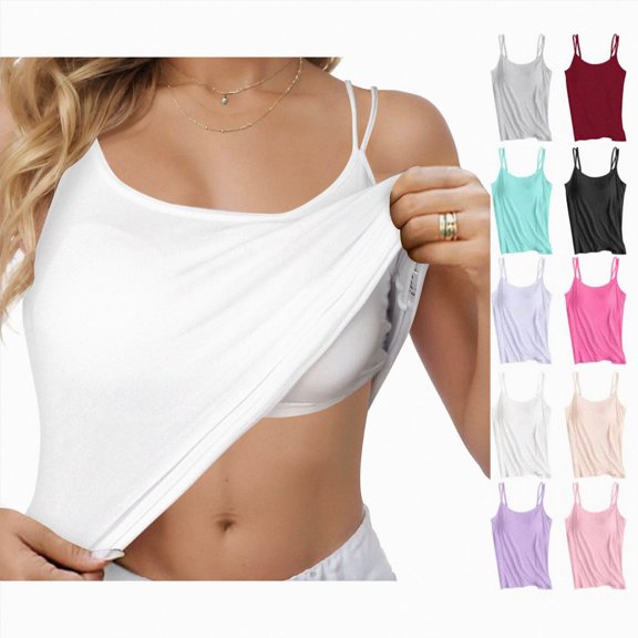 COMVALUE Built in Bra Tank Tops for Women Summer Casual Scoop Neck Spaghetti Straps Camisole Plus Size Athletic Workout Tops Pink for Size M