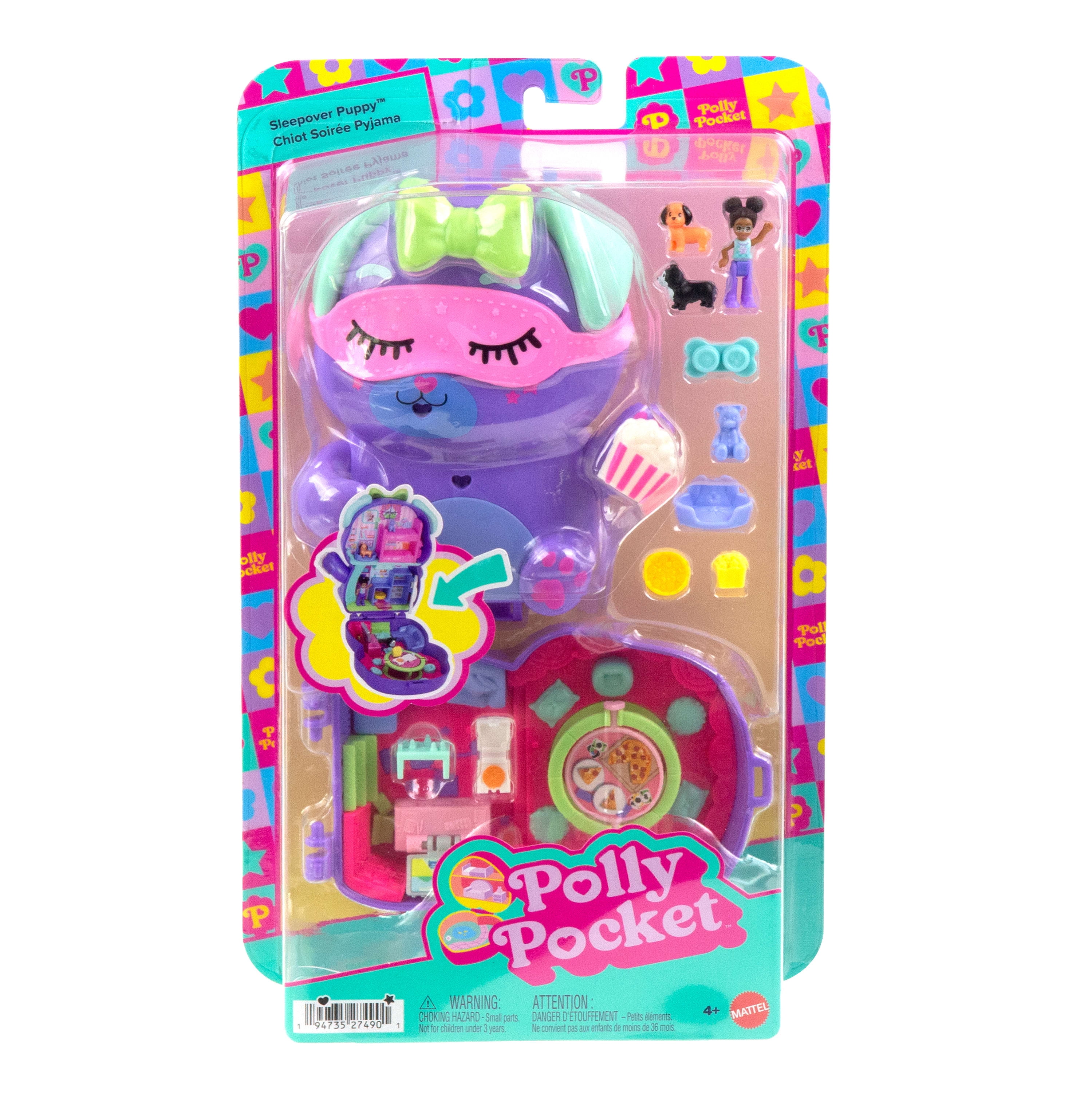 Polly Pocket Sleepover Puppy Compact Playset with 1 Micro Doll and Pet Dogs, Travel Toy with Food & Styling Accessories