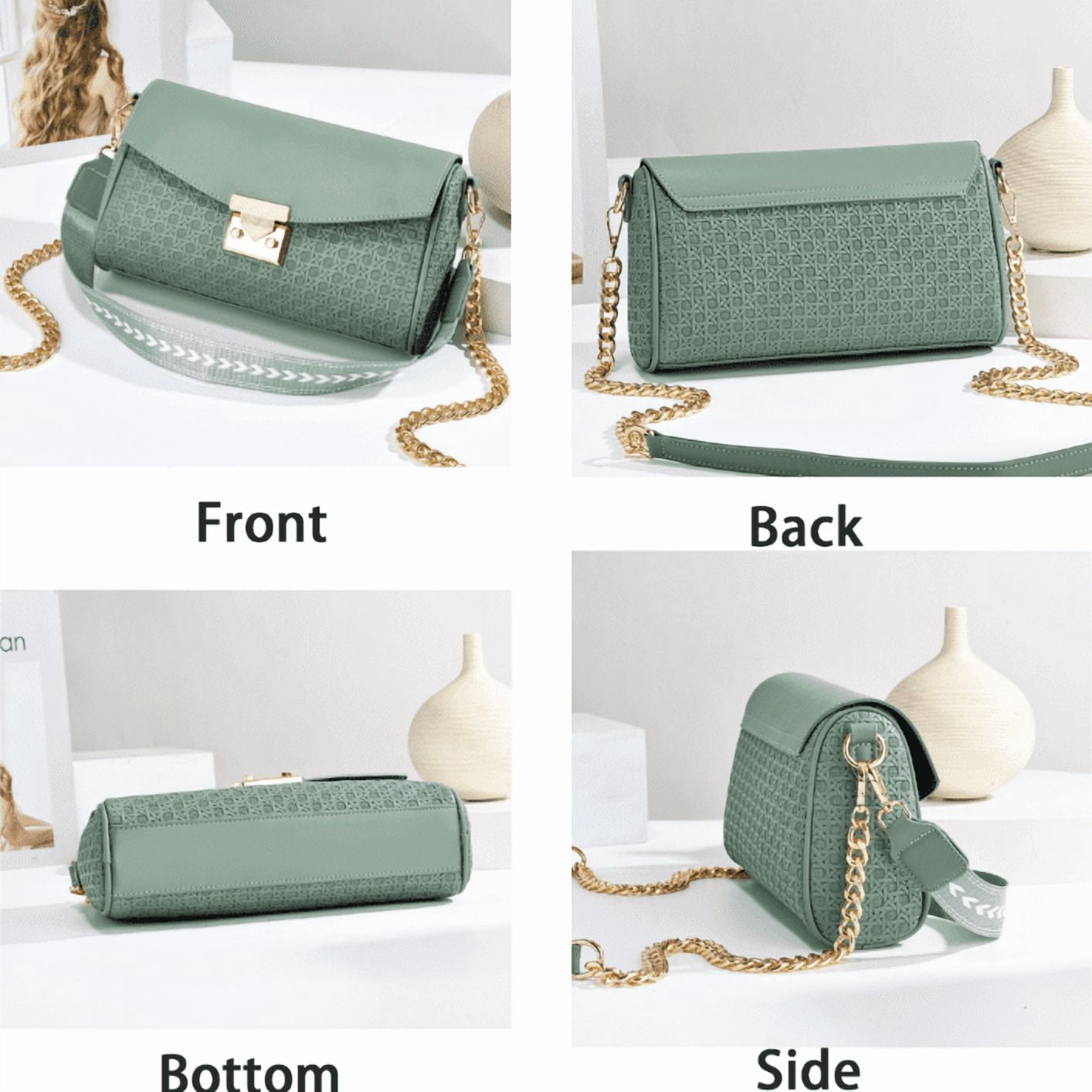 PORT&LOTUS Women's Crossbody Bag, Fashion Textured Faux Leather Shoulder Bag with Wide Adjustable Strap and Gold Chain, Trendy Flap Purse for Daily Wear