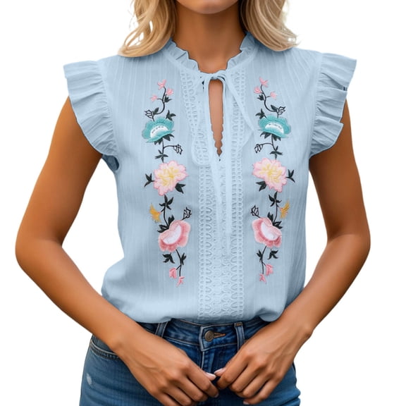 DHFJKG Tank Tops For Women Summer Bohemian Floral Embroidery Sleeveless Ruffle Lace Up Graphic Tee Beach Vacation Clothes Soft Tops