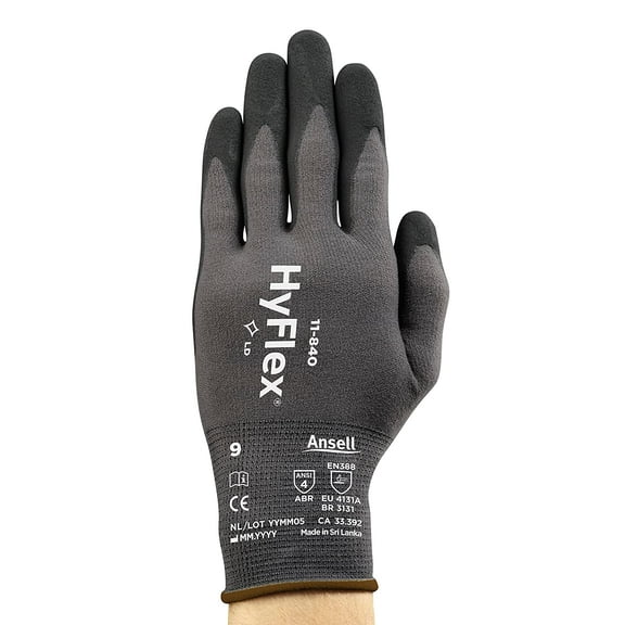 Ansell HyFlex 11-840 Ergonomic Abrasion-Resistant Nylon Spandex Nitrile Gloves