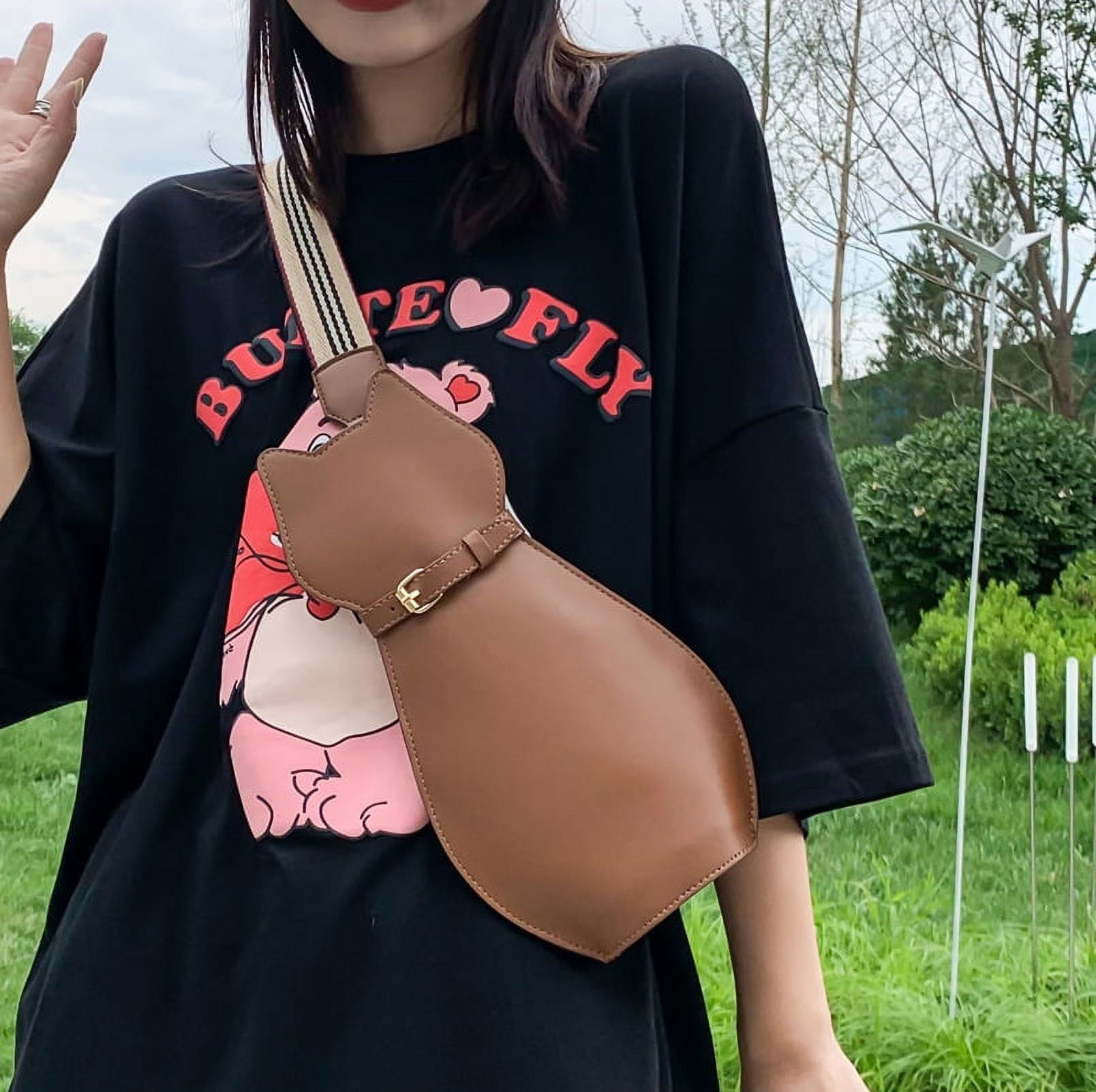 Baguery Cute Cat Shaped Crossbody Bag - Creative Wide Strap Chest Bag, Cartoon Novelty Purse for Sports & Travel