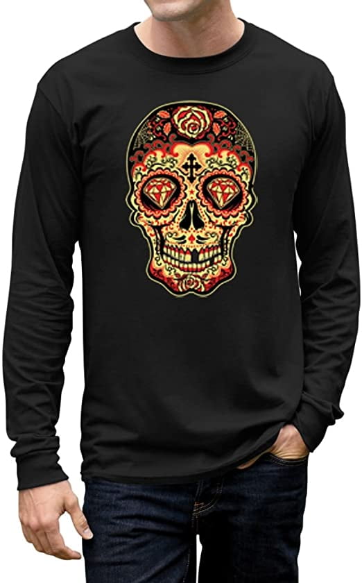 TeeStars Men's Sugar Skull Diamond Long Sleeve TShirt Medium Black