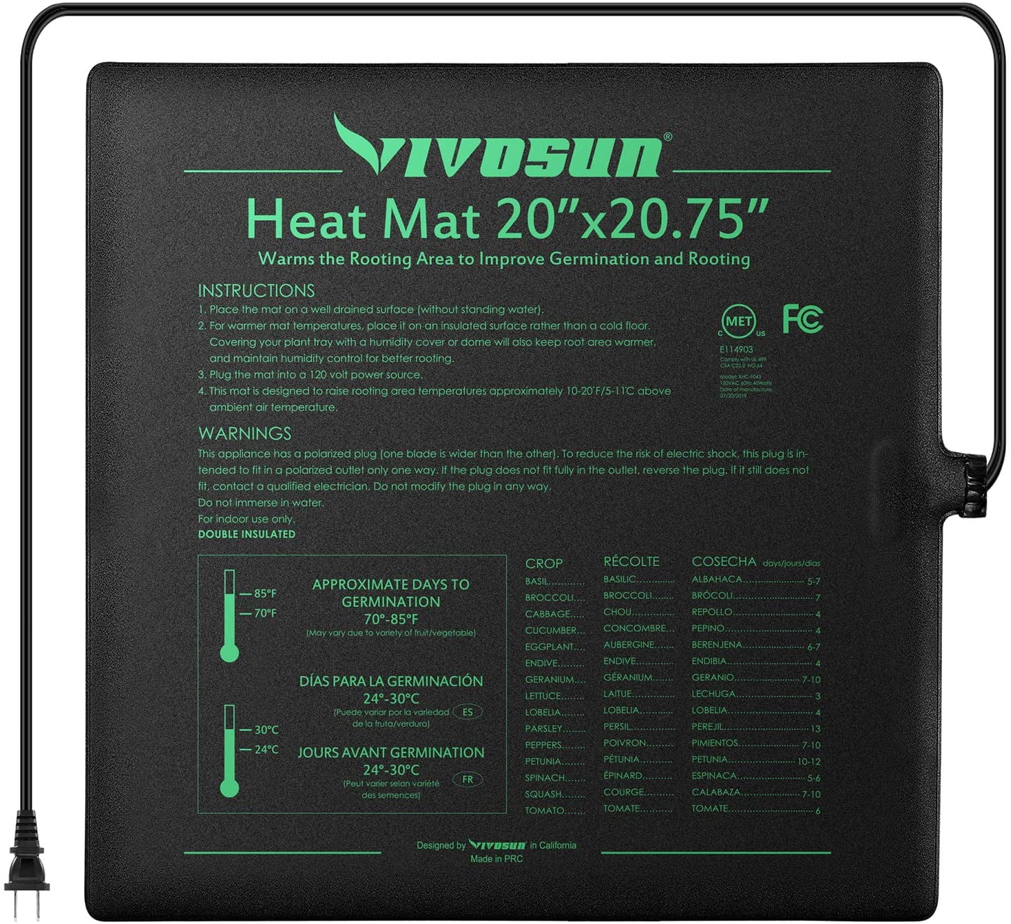 Seedfactor MET 10" X 20" Waterproof Indoor Hydroponic Heat Mat Black 