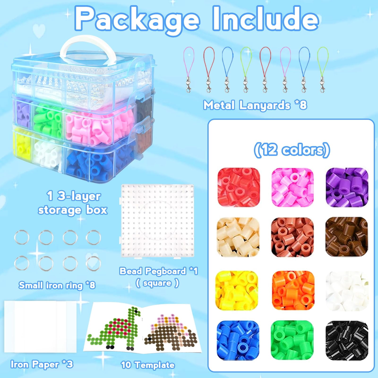 10mm Large Fuse Beads Kit– 12 Colors XL Set with Storage Box, Ironing Papers, Pegboards, Booklet, DIY Art Craft Gift for Girls & Boys Age 3+, for Birthday, Christmas, Available in Blue, Red, or White