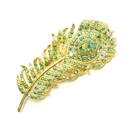 - Faship Peacock Feather Pin Brooch Peridot Green AB Crystal