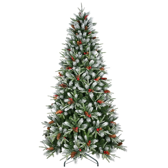 4FT Christmas Tree with 747 Tips, Red Berries & Pine Cones  Snow-Dusted PE PVC Branches, Hinged Design for Easy Setup, Sturdy Metal Stand  Full, Natural Holiday Tree Decoration