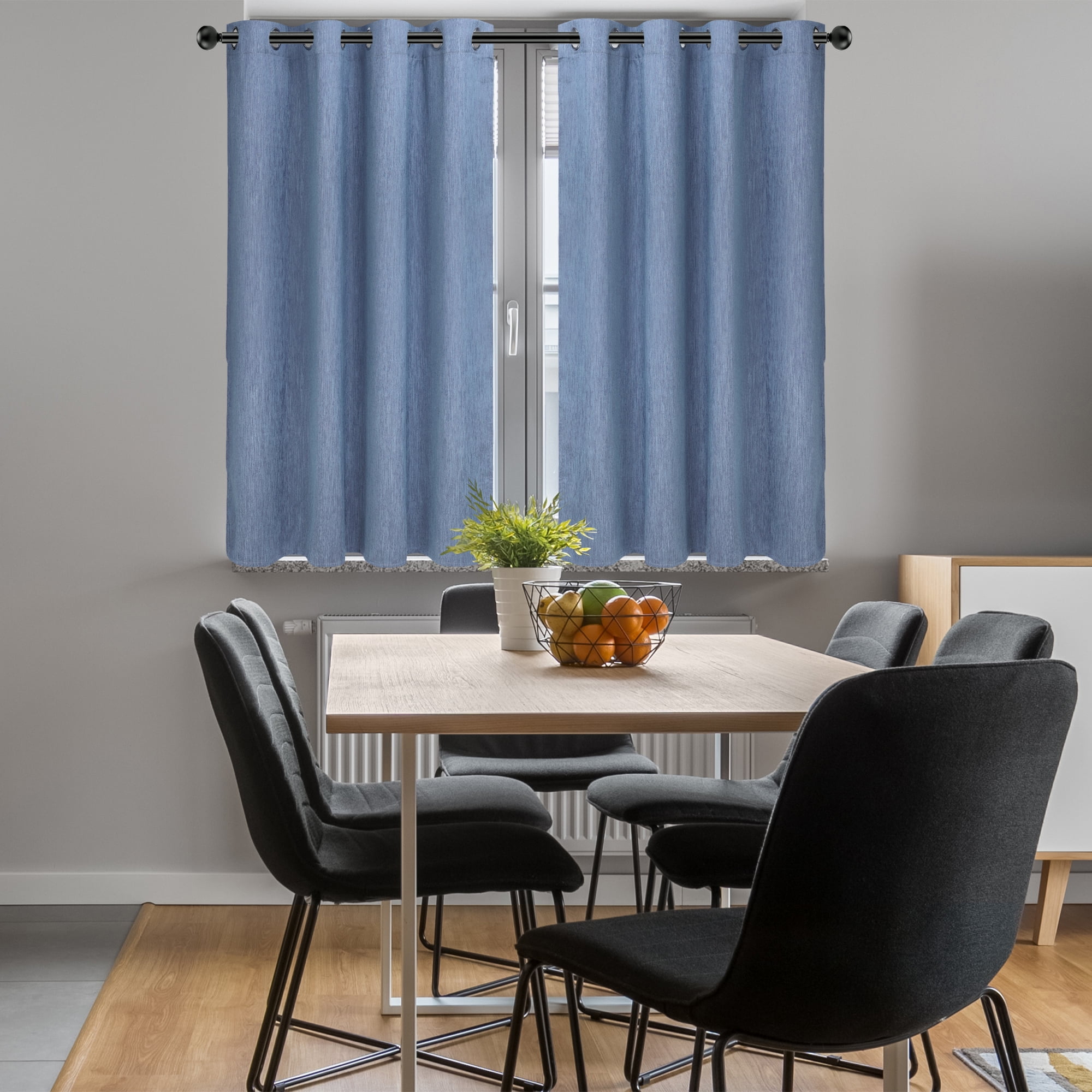 Unique Bargains 2 Panels Kitchen Linen Look Blackout Curtains Steel Blue 52"W x 36"L