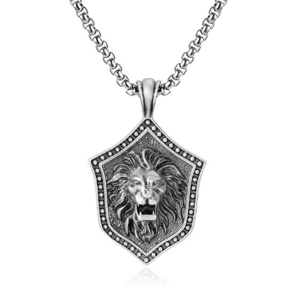 MayiaHey Lion Shield Pendant, Lion Head Tag Necklace for Men, Punk Lion Head Shield Necklace Gothic Roaring Lion Jewelry, Pure Tin Lion Necklace Retro Lion Shield Necklace