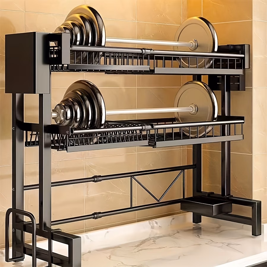 Adjustable Expandable Metal Sink Storage Rack - Space-Saving Countertop Organizer for Cutlery, Cups & Cooking Tools, Black