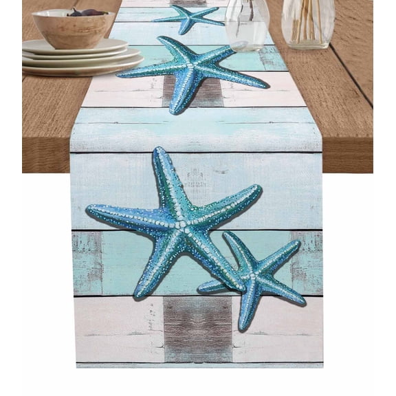 Hokiten Table Runners 48 Inches Long Dress Scarves, Teal Blue Starfish Farmhouse Kitchen/Dining Table Runner, Short Coffee Tablerunners, Summer Beach Coastal Retro Wooden 13x48 Inch