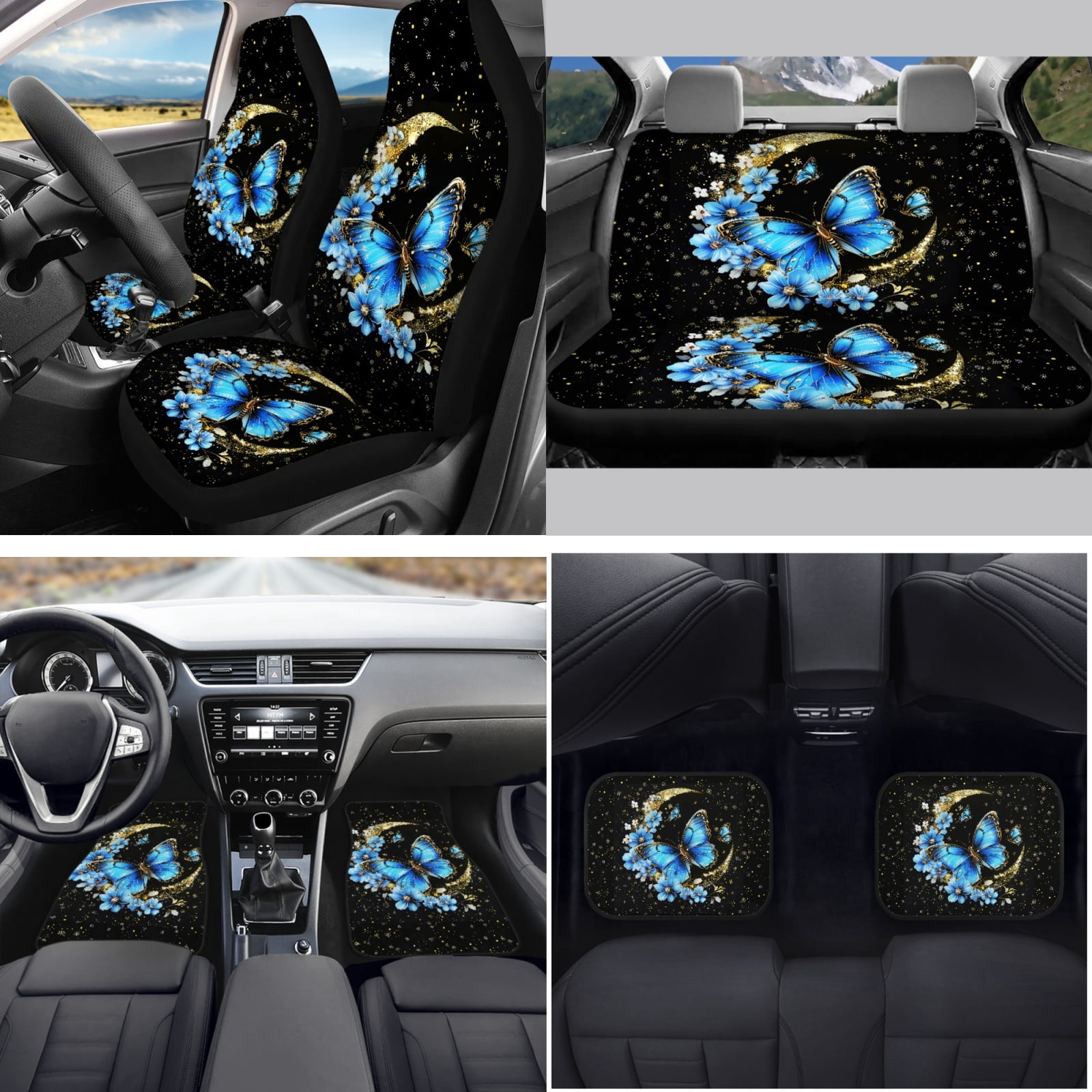Yuyamidu Blue Butterfly Car Seat Cover Split Covers Moon Car Carpet Mats Blue Flower Steering Wheel Cover Seatbelt Pads Auto Handbrake Cover Set Coasters Auto Decor Set of 15