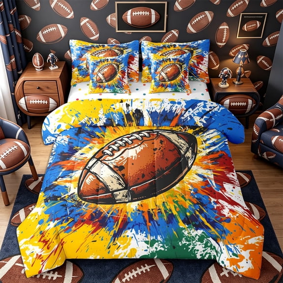 Castle Fairy Football Print Twin Bedding 7-Piece, Hippie Splash Bedding Comforter Set, White Blue Orange