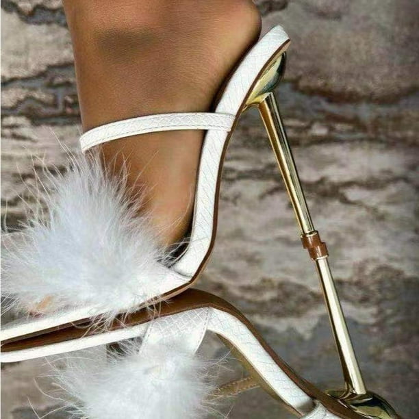 Sandalias exteriores de tacón alto con decoración de pelusa y punta abierta con boca de pez sexy para mujer Wmkox8yii ytu2905
