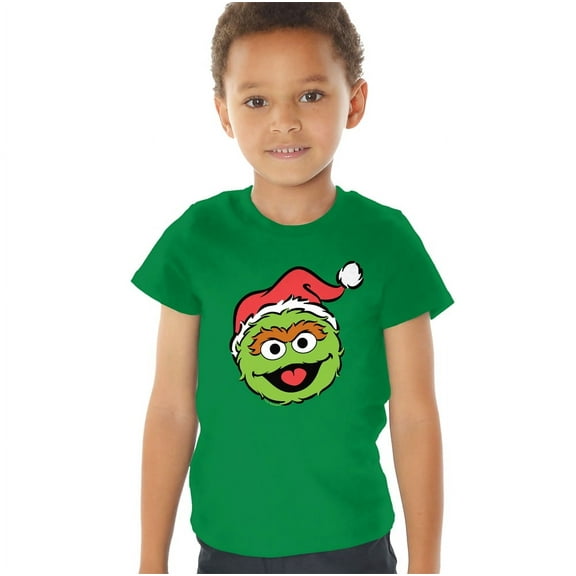 Sesame Street Christmas Santa Hat Oscar The Grouch Face Kids T Shirt (2) for Toddler Boys and Girls, Kelly Green