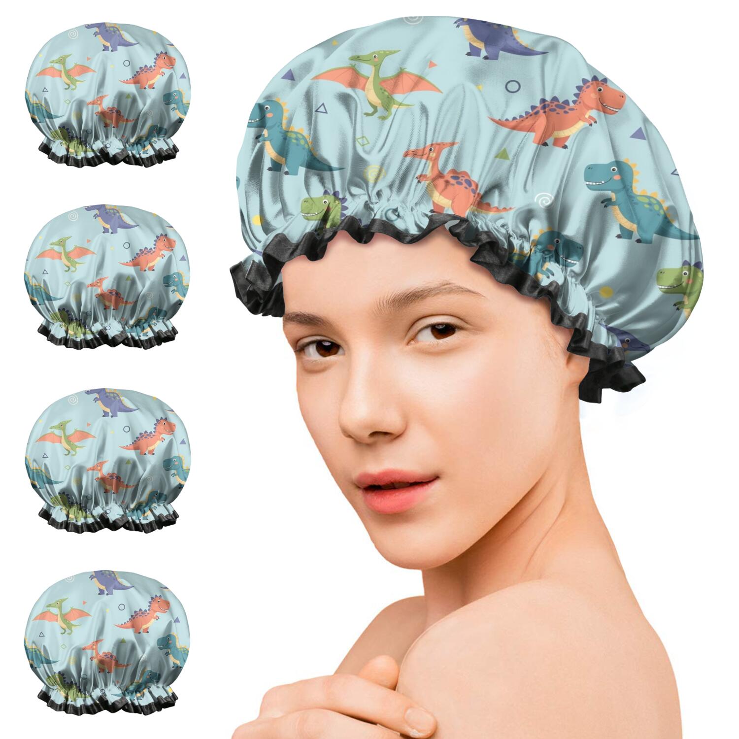 Shower Caps,LightBlue Cartoon Dinosaurs Geometric Pattern Waterproof Shower Cap for Women 4 Pieces,Double Reusable Hair Cover for Shower PEVA Elastic Stretch Hem