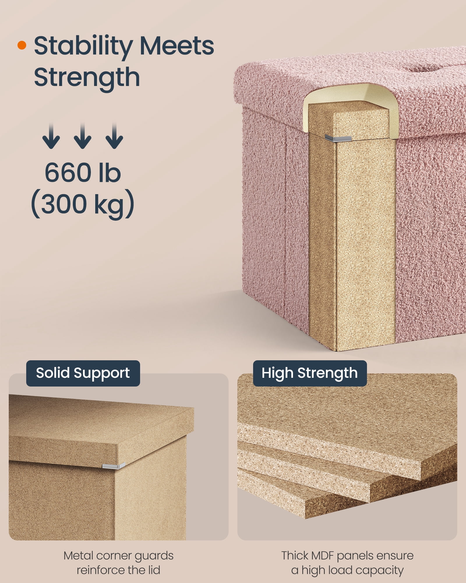 SONGMICS HOME 43" Storage Ottoman Bench Folding Ottoman with Storage Load up to 660 lb for Living Room Bedroom Jelly Pink