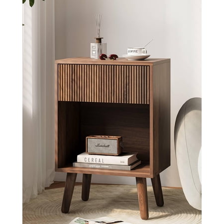 Nightstand Modern Bedside Table with Storage Drawers and Open Wood Shelf Night Stand Solid Legs End Tables Side for Living Room Bedroom Walnut
