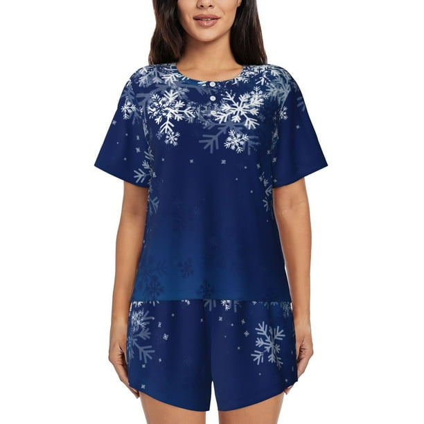 Fotbe Christmas Blue Conjunto de Pijama Estampado para Mujer, 2 Piezas, Ropa de Dormir con Camiseta de Manga Corta y Shorts Suaves-Small