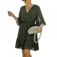 thumbnail image 3 of Femmes Mini Robe Taille Élastique Volants Robe de Soirée Ample Fit Dot Print V Cou Manches Courtes Robe Fluide, 3 of 9