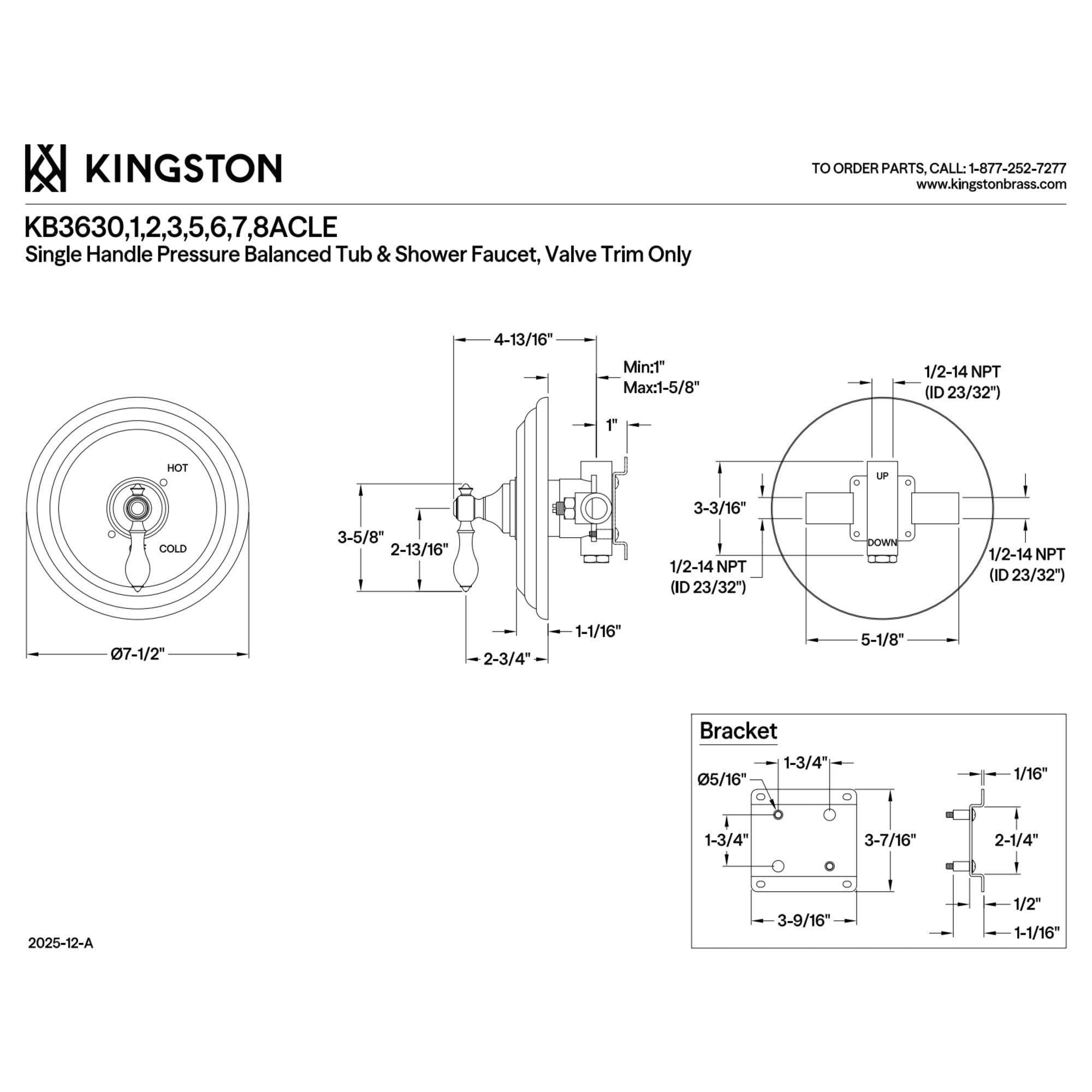 Kingston KB3630ACLE American Classic Single-Handle Pressure Balanced Shower Valve and Trim Set - Valve Included in Matte Black