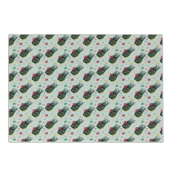 Pineapple Cutting Board, Hand Drawn Sketch Fruits with Colorful Triangles and Foliage Leaves Background, Decorative Tempered Glass Cutting and Serving Board, Small Size, Multicolor, by Ambesonne