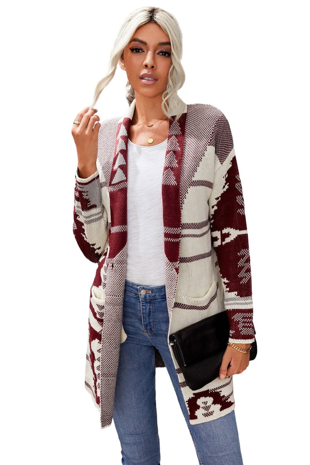 Women Beige Lapel Collar Geometric 