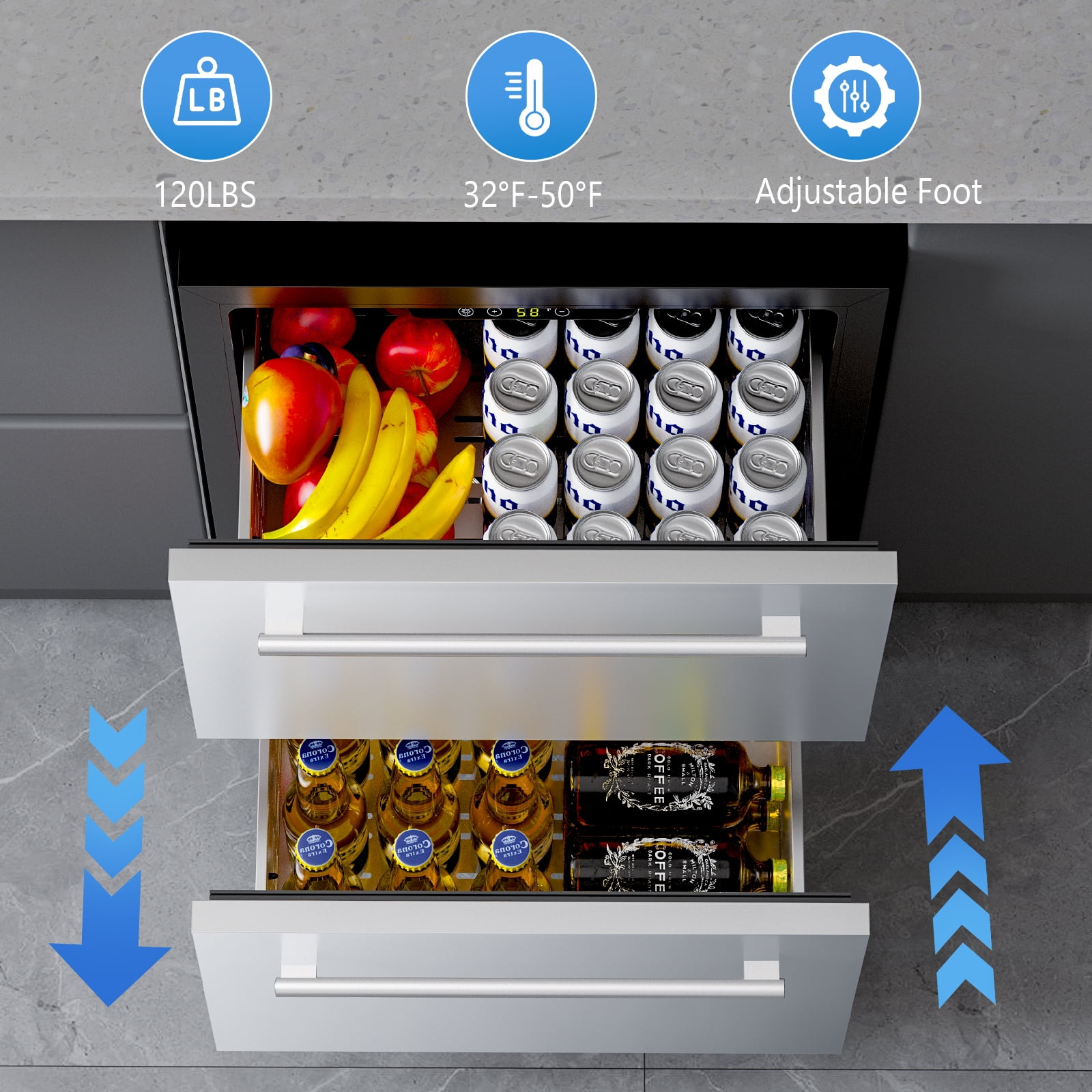 KNDKO 24 Inch Under Counter Refrigerator, 145 Cans Beverage Refrigerator, Stainless Steel Double Drawer Mini Fridge for Undercounter Built-in or Freestanding,Wine Cooler for Home & Patio